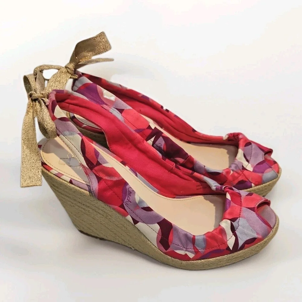 Coach Pink/Gold Espadrilles Wedge Canvas & Leather Henley Sandal Sz 7.5B